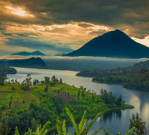 The Mountans of Gahinga and Lake Mutanda from a distance