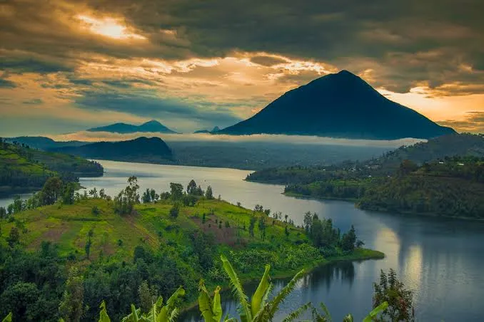 The Mountans of Gahinga and Lake Mutanda from a distance