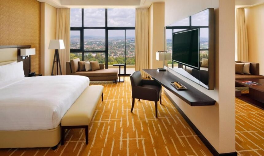 Luxurious hotel room interior at Kigali Marriott Hotel with elegant furnishings and city view