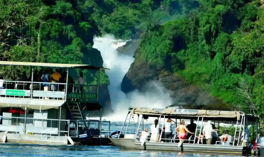 Wide-angle view of a safari boat on the Victoria Nile below Murchison Falls.