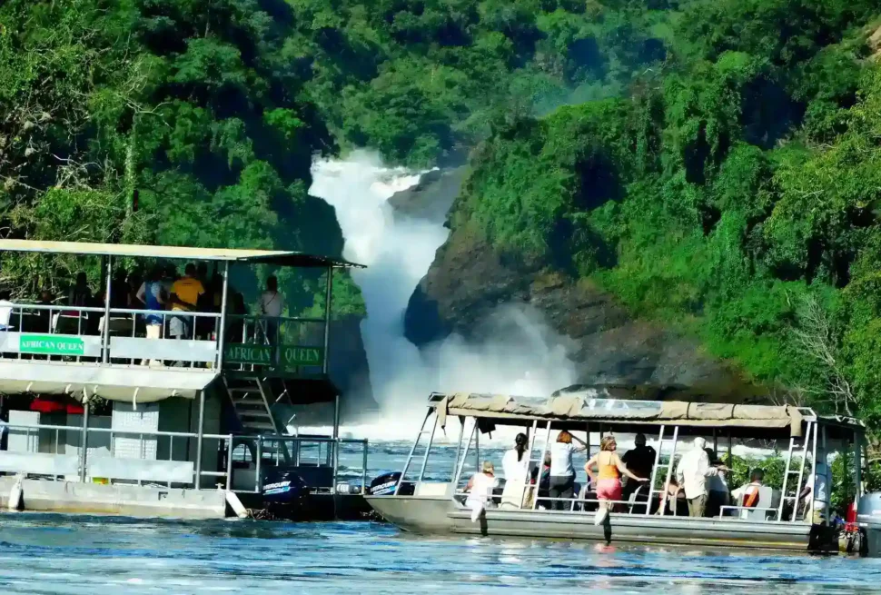 Wide-angle view of a safari boat on the Victoria Nile below Murchison Falls.