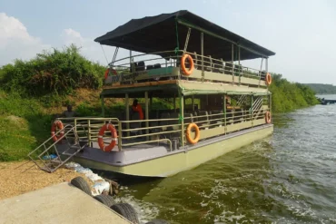 Boat safaris in Kazinga offer close views of wildlife along the water’s edge.